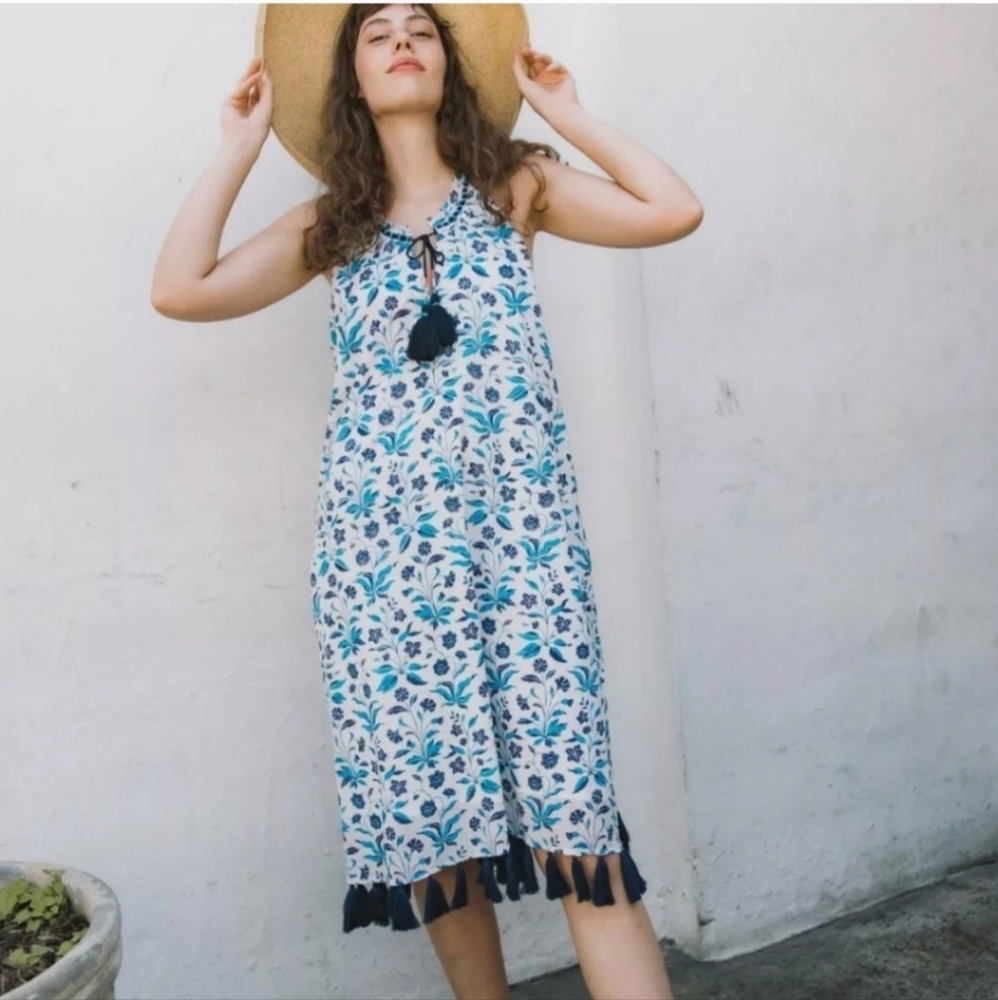 NWT Voloshin Paradise Tassel Boho Floral Shift Dress Blue White Small - Picture 2 of 8
